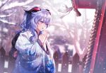  1girl ahoge alternate_costume blue_hair blurry commentary_request depth_of_field facing_away ganyu_(genshin_impact) genshin_impact goat_horns hair_between_eyes highres horns japanese_clothes kimono long_hair long_sleeves looking_away outdoors own_hands_together parted_lips ponytail praying purple_eyes rope shant_07 shimenawa shrine sidelocks snowing solo steam tree visible_air wide_sleeves 