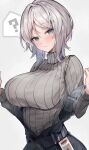  1girl ? absurdres blue_eyes blush breasts closed_mouth faust_(limbus_company) grey_sweater highres kuroshiro_kanae large_breasts limbus_company long_sleeves project_moon revision ribbed_sweater short_hair simple_background solo sweater turtleneck turtleneck_sweater white_hair 