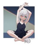  1girl aqua_eyes armpits ars_almal barefoot black_camisole camisole full_body grey_hair highres indian_style nijisanji one_eye_closed open_mouth parted_lips short_hair single_slipper sitting slippers solo stretching tatami_kami twitter_username virtual_youtuber 