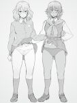  2girls andou_(girls_und_panzer) arm_at_side ass_visible_through_thighs bc_freedom_school_uniform belt blush bow bow_panties breasts closed_mouth clothes_lift collared_shirt diagonal-striped_necktie dress_shirt em_(totsuzen_no_hakike) full_body girls_und_panzer groin hair_between_eyes hand_on_own_thigh jacket kneehighs lifted_by_another loafers long_sleeves looking_to_the_side medium_breasts medium_hair monochrome multiple_girls navel necktie oshida_(girls_und_panzer) panties pantyshot pleated_skirt school_uniform serafuku shirt shoes short_hair simple_background skirt skirt_lift socks standing striped_necktie sweatdrop sweater_around_neck thighs underwear vest 