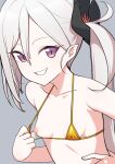  1girl bikini black_flower blue_archive breasts clenched_teeth closed_mouth flower grey_background grey_hair hair_between_eyes hair_flower hair_ornament highres kishino_(meripo) looking_at_viewer micro_bikini mutsuki_(blue_archive) purple_eyes side_ponytail simple_background small_breasts smile solo swimsuit teeth upper_body yellow_bikini 