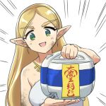  1girl blonde_hair breasts commentary_request dirty dirty_face dress emphasis_lines green_eyes holding jewelry long_hair medium_breasts monbetsu_kuniharu necklace open_mouth pointy_ears princess_zelda rice_cooker smile solo strapless strapless_dress the_legend_of_zelda the_legend_of_zelda:_breath_of_the_wild translation_request upper_body white_dress 