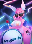  anthro battery blue_eyes breast_squish breasts drum energizer energizer_bunny erect_nipples eyebrows eyewear female genitals glasses_askew head_tuft hi_res lagomorph leporid looking_at_viewer mammal mascot musical_instrument nipples nude open_mouth percussion_instrument pink_body pussy rabbit raised_eyebrow solo spicyredfox squish sunglasses tuft 