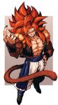  1boy absurdres biceps black_wristband blue_eyes blue_sash body_fur brown_fur dragon_ball dragon_ball_gt gogeta highres looking_at_viewer male_focus metamoran_vest monkey_boy monkey_tail muscular muscular_male no_nipples pants pectorals red_hair relio_db318 sash simple_background smile smirk solo spiked_hair super_saiyan super_saiyan_4 tail veins veiny_hands white_pants 