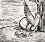  after_vore avian beak belly big_belly black_and_white clothing european_mythology feral feral_pred footwear greek_mythology hippogriff hooves knife lying male male_pred monochrome mythological_avian mythology on_side plant resting shirt shoes thatgryphonguy topwear traditional_media_(artwork) tree vore wings 