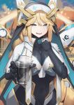  1girl absurdly_long_hair absurdres armored_bodysuit black_dress black_gloves blonde_hair blue_eyes blush bodysuit braid breasts capelet commentary cup dress elbow_gloves gloomyowl gloves goddess_of_victory:_nikke habit hair_between_eyes hand_up highres holding holding_cup large_breasts long_braid long_hair looking_at_viewer mechanical_wings nun open_mouth rapunzel_(nikke) see-through_cleavage sidelocks single_braid smile solo standing teeth upper_teeth_only very_long_hair water white_bodysuit white_capelet wings 