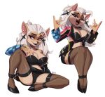  2023 activision anthro arm_tattoo artist_name bandeau bandicoot big_breasts black_nose blue_eyes bottomwear breasts cleavage clothed clothing crash_bandicoot_(series) devil_horns_(gesture) ear_piercing eyebrow_piercing eyebrows eyelashes eyeshadow facial_piercing fan_character female footwear gesture hair half-closed_eyes hi_res jacket legs_together legwear lipstick long_hair magaska19 makeup mammal marsupial midriff miniskirt multiple_poses narrowed_eyes nose_piercing nose_ring open_mouth open_smile panties piercing pose ring_piercing rox_bandicoot_(oc) shoes signature simple_background sitting skirt smile solo spread_legs spreading stockings tattoo teeth thigh_highs tongue tongue_piercing topwear underwear upskirt white_background white_hair 