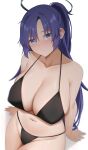  1girl absurdres arind_yudha bare_shoulders bikini black_bikini blue_archive blush breasts cleavage collarbone half_updo halo highres large_breasts long_hair looking_at_viewer navel parted_bangs ponytail purple_eyes purple_hair sidelocks sitting solo swimsuit thighs yuuka_(blue_archive) 