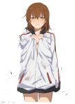  1girl blush brown_eyes brown_hair dirty dirty_clothes frown highres jacket jacket_on_shoulders looking_at_viewer misaka_mikoto short_hair solo takatisakana tearing_up toaru_kagaku_no_railgun toaru_majutsu_no_index torn_clothes white_background 