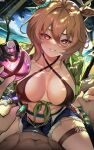  1girl :q agnes_tachyon_(lunatic_lab)_(umamusume) agnes_tachyon_(umamusume) animal_ears assertive_female beach belt bikini bikini_under_clothes black_bikini blue_shorts breasts brown_hair cameltoe closed_mouth collarbone covered_nipples criss-cross_halter dappled_sunlight day denim denim_shorts dutch_angle ear_ornament empty_eyes fisheye flask girl_on_top gloves green_jacket hair_between_eyes halterneck highres holding holding_flask holding_hands horse_ears horse_girl horse_tail interlocked_fingers jacket large_breasts leaning_forward licking_lips looking_at_viewer medium_hair ocean official_alternate_costume open_clothes open_fly open_shorts outdoors paid_reward_available pov pov_crotch pov_hands red_eyes round-bottom_flask sand short_shorts short_sleeves shorts single_glove sitting sitting_on_person smile solo_focus sunlight swimsuit tail thigh_belt thigh_strap tied_jacket tongue tongue_out torn_clothes torn_shorts umamusume water zzo0 