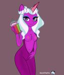  2023 5_fingers absurd_res anthro anthrofied areola beverage blue_hair breasts clothing container cup digital_media_(artwork) equid equine female fingers hair hasbro hi_res holding_object horn humanoid_hands mammal mlp_g5 multicolored_hair my_little_pony navel nipples opaline_(mlp) purple_body purple_eyes purple_skin sarahthefox97 signature smile smoothie standing straw suit two_tone_hair two_tone_tail unicorn unicorn_horn 