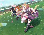  3girls admire_vega_(umamusume) animal_ears armor asymmetrical_gloves bare_shoulders black_gloves black_shirt blonde_hair boots bow bowtie breasts brooch brown_gloves brown_hair brown_thighhighs closed_mouth coat confetti crown dated detached_sleeves fingerless_gloves gloves horse_ears horse_girl horse_tail jewelry long_hair long_sleeves mini_crown mismatched_gloves multiple_girls narita_top_road_(umamusume) open_mouth orange_hair outdoors ponytail purple_coat purple_shorts running see-through see-through_sleeves shadow shirt short_hair short_shorts shorts shoulder_armor sleeveless sleeveless_shirt small_breasts smile sweat t.m._opera_o_(umamusume) tail takuzui thigh_strap thighhighs twitter_username umamusume umamusume:_road_to_the_top white_gloves white_shirt white_thighhighs yellow_footwear 