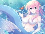  1girl air_bubble awayuki_ramika bikini bikini_top_only blue_eyes blush breasts bubble cleavage commentary_request commission crab fins fish hair_ornament head_fins highres large_breasts long_hair mermaid monster_girl open_mouth original pink_hair skeb_commission solo starfish_hair_ornament swimsuit underwater white_bikini 