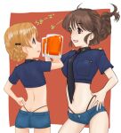  alcohol ass beer brown_hair crop_top denim denim_shorts flat_ass girls_und_panzer hand_on_hip highres necktie orange_hair orange_pekoe_(girls_und_panzer) rukuriri_(girls_und_panzer) rukuriritea shorts simple_background thong 