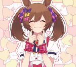  1girl ^_^ animal_ears blush bow bowtie brown_hair center_opening closed_eyes closed_mouth facing_viewer fingers_to_cheeks hair_bow hands_up heart horse_ears medium_hair nm222hz outline shirt short_sleeves smart_falcon_(umamusume) smile solo twintails twitter_username umamusume upper_body watermark white_shirt wrist_cuffs 
