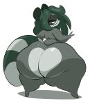  ambiguous_gender anthro arizonathevixen bedroom_eyes big_butt brown_eyes butt eyewear gesture glasses green_hair hair hi_res huge_butt huge_hips huge_thighs looking_at_viewer looking_back mammal multicolored_body narrowed_eyes nude procyonid raccoon seductive smile solo thick_thighs two_tone_body v_sign wide_hips 