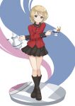  1girl absurdres blonde_hair blue_eyes braid closed_mouth crossed_ankles crossed_arms cup darjeeling_(girls_und_panzer) full_body girls_und_panzer highres holding holding_cup holding_teapot looking_at_viewer qgkmn541 short_hair smile solo spilling st._gloriana&#039;s_military_uniform standing teacup teapot twin_braids 