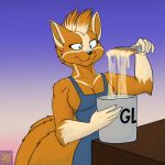  1:1 anthro apron apron_only black_nose blue_eyes breasts canid canine cleavage clothed clothing dreamspinner female fox foxenawolf fur glue gluneria_fullin gradient_background hair mammal multi_tail orange_body orange_fur simple_background solo tail 