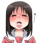  1girl :o absurdres azumanga_daioh black_eyes blush brown_hair bukkake close-up collarbone commentary cum cum_in_mouth cum_on_tongue cum_string cumdrip dripping embarrassed etokakaitari facial facing_away highres kasuga_ayumu looking_at_viewer lowered_eyelids medium_hair narrowed_eyes naughty_face nose_blush open_mouth pink_shirt portrait raised_eyebrows sailor_collar school_uniform serafuku shirt simple_background solo tongue tongue_out translated white_background white_sailor_collar 