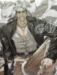  1boy abs animal_ears bara cat_boy cat_ears cat_tail chain_necklace dog_tags feet_out_of_frame grin highres jacket jewelry knee_up leather leather_jacket leg_up looking_at_viewer male_focus motor_vehicle motorcycle multicolored_hair muscular muscular_male na-eun_(ejdbvaaqup08jfy) necklace original pants pectoral_cleavage pectorals short_hair smile solo tail two-tone_hair veins veiny_hands white_hair 