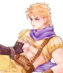  2boys abs blonde_hair blush commentary_request dio_brando ear_birthmark fangs fingerless_gloves gloves grabbing grm_jogio jojo_no_kimyou_na_bouken jonathan_joestar lips male_focus medium_hair mole mole_on_ear multiple_boys muscular muscular_male nipples pectoral_grab pectorals phantom_blood purple_scarf red_eyes scarf simple_background suspenders vampire white_background yaoi 