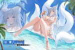  1girl animal_ear_fluff animal_ears anklet azur_lane bikini blue_eyes breasts cleavage copyright_name fox_ears fox_girl fox_tail highres in_water jewelry kitsune kyuubi large_breasts long_hair multiple_tails off_shoulder official_alternate_costume official_art palm_tree promotional_art see-through see-through_sleeves shinano_(azur_lane) starfish swimsuit tail tree untied_bikini water white_bikini white_hair white_tail 