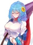  blue_hair closed_eyes flower hair_flower hair_ornament holding holding_umbrella kaliningradg open_mouth polo_shirt sunflower_hair_ornament tatara_kogasa touhou umbrella white_background 