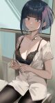  1girl audio_jack bangs black_bra black_pantyhose blue_eyes blunt_bangs blush boku_no_hero_academia bra breasts bright_pupils closed_mouth embarrassed highres jirou_kyouka lace lace_bra long_earlobes looking_at_viewer no_pants off_shoulder pantyhose partially_unbuttoned purple_hair shirt short_hair sidelocks sitting small_breasts solo underwear wavy_mouth white_pupils white_shirt zd_(pixiv6210083) 