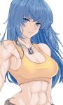  1girl abs bare_shoulders blue_eyes blue_hair breasts crop_top dog_tags hair_down ikari_hime large_breasts leona_heidern long_hair muscular muscular_female simple_background sleeveless solo tank_top the_king_of_fighters the_king_of_fighters_xv white_background yellow_tank_top 