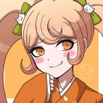  1girl blonde_hair blush blush_stickers cat_hair_ornament danganronpa_(series) danganronpa_2:_goodbye_despair hair_ornament hand_up highres japanese_clothes kimono long_hair long_sleeves orange_background orange_eyes orange_kimono saionji_hiyoko sleeves_past_wrists smug solo suiren_yurei twintails 