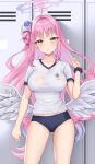  1girl angel_wings blue_archive blush breasts buruma cameltoe feathered_wings flower gym_shirt gym_uniform hair_bun hair_flower hair_ornament halo highres long_hair looking_at_viewer low_wings matrix16 mika_(blue_archive) no_bra pink_hair scrunchie shirt short_sleeves single_side_bun smile solo thighs very_long_hair white_wings wings yellow_eyes 