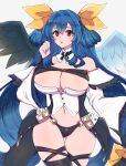  1girl angel_wings ass_visible_through_thighs asymmetrical_wings bare_shoulders belt black_panties blue_hair breasts chemaru_(a8l) cleavage cleavage_cutout clothing_cutout detached_collar detached_sleeves dizzy_(guilty_gear) guilty_gear guilty_gear_xrd hair_between_eyes hair_ribbon hair_rings highres large_breasts long_hair mature_female midriff monster_girl navel open_mouth panties red_eyes ribbon showgirl_skirt simple_background skindentation skirt solo stomach tail tail_ornament tail_ribbon thick_thighs thigh_gap thigh_strap thighs twintails underwear wide_sleeves wings yellow_ribbon 