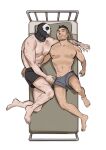  2boys 5i2 abs arm_around_shoulder bara beard bed black_male_underwear boxers call_of_duty:_modern_warfare_2 couple cross_scar dark-skinned_male dark_skin drooling facial_hair from_above full_body ghost_(modern_warfare_2) grey_male_underwear highres large_pectorals lying male_focus male_underwear mask mature_male mouth_drool multiple_boys muscular muscular_male nipples on_back on_side pectorals scar scar_on_arm scar_on_chest scar_on_leg scar_on_stomach short_hair sideburns skull_mask sleeping soap_(modern_warfare_2) stomach topless_male underwear underwear_only yaoi 