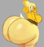  animal_crossing anthro big_breasts big_butt black_eyes blonde_hair bottomless breasts butt canid canine canis clothed clothing domestic_dog female hair hi_res huge_breasts huge_butt huge_thighs hyper hyper_butt inuzu isabelle_(animal_crossing) looking_at_viewer looking_back mammal nintendo open_mouth shih_tzu solo sweater thick_thighs topwear toy_dog yellow_body 