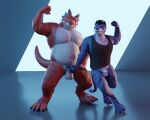  3d_(artwork) afao anthro babawolf balls belly big_belly blep bottomless clothed clothing digital_media_(artwork) dragon duo felid feline flexing frill_(anatomy) genitals head_crest head_frill holding_penis horn humanoid_genitalia humanoid_penis kemono looking_at_viewer male male/male mammal nifans nude penis scalie shirt tank_top tongue tongue_out topwear western_dragon 