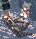  2girls absurdres animal_ear_fluff animal_ears arms_behind_back bar_censor bare_shoulders black_bodysuit black_pantyhose blue_eyes bodysuit bound bound_arms bound_legs braid breasts brown_hair camisole censored chinese_commentary commentary_request eunie_(xenoblade) feathered_wings full_body grey_hair head_wings highres indoors large_breasts leveen long_hair looking_at_viewer lying mio_(xenoblade) multiple_girls o-ring_harness on_side pantyhose pussy shibari shibari_over_clothes short_hair single_braid sitting skindentation stirrup_legwear toeless_legwear toes torn_bodysuit torn_clothes torn_pantyhose wariza white_camisole white_wings wings xenoblade_chronicles_(series) xenoblade_chronicles_3 yellow_eyes 