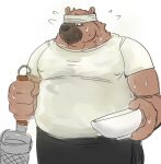  2023 anthro araiguma_11 belly big_belly black_nose bodily_fluids brown_body brown_fur canid canine canis clothing domestic_dog fur humanoid_hands kemono male mammal overweight overweight_male shirt solo sweat topwear 