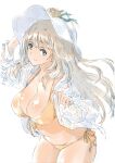  1girl bikini blue_archive blue_eyes breasts cleavage commentary flower hat hat_flower highres jacket large_breasts light_brown_hair long_hair long_sleeves looking_at_viewer looking_back nonomi_(blue_archive) nonomi_(swimsuit)_(blue_archive) open_clothes open_jacket orange_bikini see-through see-through_jacket side-tie_bikini_bottom simple_background solo sun_hat suzumaru swimsuit white_background white_headwear white_jacket 