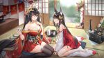  3girls :d :p animal_ear_fluff animal_ears arm_support azur_lane bell black_hair black_thighhighs blunt_bangs blush bottle breasts chinese_commentary choko_(cup) cleavage commentary_request cup detached_sleeves dog dress finger_to_own_chin fox_ears hair_between_eyes hair_ornament holding holding_cup indoors japanese_clothes jingle_bell kangetsu_(fhalei) kimono kneehighs large_breasts long_hair looking_at_viewer multiple_girls mutsu_(azur_lane) nagato_(azur_lane) off-shoulder_dress off_shoulder paper_chain peeking red_dress red_eyes sake_bottle sliding_doors smile socks sword taihou_(azur_lane) thighhighs tongue tongue_out tray weapon white_sleeves white_socks yellow_eyes 