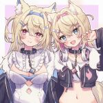  2girls animal_ear_fluff animal_ears bandaid_hair_ornament belt belt_collar black_collar blonde_hair blue_brooch blue_eyes blue_hair blush breasts cleavage closed_mouth collar collarbone cropped_shirt crystal_horn dog_ears dog_girl dog_tail fang fur-trimmed_jacket fur_trim fuwawa_abyssgard hair_ornament headband headphones headphones_around_neck highres holoadvent hololive hololive_english jacket large_breasts long_hair looking_at_viewer midriff mococo_abyssgard multicolored_hair multiple_girls nail_polish navel open_mouth pink_belt pink_brooch pink_eyes pink_hair pink_headband shishishi short_hair siblings sisters skin_fang streaked_hair tail twins virtual_youtuber x_hair_ornament 