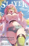  1girl animal_ears ass_visible_through_thighs bikini bikini_under_clothes blush braid breasts cover denim denim_shorts english_text gradient_hair green_eyes green_hair holding kanroji_mitsuri kimetsu_no_yaiba large_breasts long_hair looking_at_viewer magazine_cover mitsu_(mitsu_art) mole mole_under_eye multicolored_hair open_mouth pink_hair shorts smile solo swimsuit thighs twin_braids 