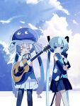  2girls acoustic_guitar aqua_eyes aqua_hair aqua_necktie bare_shoulders black_skirt black_sleeves blue_hair blue_headwear closed_eyes cloud cloudy_sky collared_dress commentary cowboy_shot day detached_sleeves dot_mouth dress eel_hat eyelashes guitar hair_ornament hatsune_miku highres hikimayu holding holding_instrument holding_microphone_stand instrument large_hat lips long_hair microphone microphone_stand miniskirt multiple_girls music necktie open_mouth otomachi_una otomachi_una_(talkex) outdoors outstretched_arm pantyhose playing_instrument pleated_skirt puckered_lips purple_dress sailor_collar skirt sky sleeveless sleeveless_dress standing syare_0603 talkex twintails very_long_hair vocaloid voiceroid white_sailor_collar 