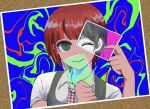  1girl black_eyes blue_background closed_mouth collared_shirt covering_mouth covering_one_eye danganronpa_(series) danganronpa_2:_goodbye_despair dress famima_de_neppuri freckles green_background green_dress highres holding holding_photo koizumi_mahiru multicolored_background necktie one_eye_closed photo_(object) pinafore_dress plaid_necktie red_background red_hair shirt short_hari short_sleeves sleeveless sleeveless_dress solo white_shirt 