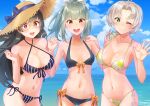  3girls bikini black_bikini black_hair blue_sky breasts brown_eyes choukai_(kancolle) cloud collarbone day floral_print front-tie_bikini_top front-tie_top green_eyes green_hair grey_hair hair_ribbon hand_on_another&#039;s_shoulder hat highres izumikuma kantai_collection kinugasa_(kancolle) large_breasts long_hair looking_at_viewer multiple_girls navel ocean official_alternate_costume one_eye_closed open_mouth outdoors print_bikini red_eyes ribbon round_teeth side-tie_bikini_bottom sky small_breasts smile straw_hat striped striped_bikini sun_hat swimsuit teeth upper_teeth_only vertical-striped_bikini vertical_stripes very_long_hair white_ribbon yuubari_(kancolle) yuubari_kai_ni_(kancolle) 