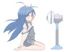  1girl absurdres ahoge bare_legs barefoot blue_hair blue_overalls blush breasts closed_eyes denim denim_apron denim_shorts electric_fan eyes_visible_through_hair floating_hair flying_sweatdrops full_body hand_in_own_hair hand_on_own_foot hand_up highres izumi_konata long_eyelashes long_hair lucky_star messy_hair off_shoulder open_mouth outstretched_arm overall_shorts overalls pants pants_rolled_up parted_lips profile shirt short_sleeves shorts shoulder_strap simple_background sitting small_breasts solo sweat thick_eyebrows very_long_hair wariza wet wet_clothes wet_shirt white_background white_shirt zlix0n 
