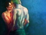  2boys bara black_hair blonde_hair couple cris_art from_behind hand_on_another&#039;s_head head_tilt hulkling imminent_kiss long_sideburns male_focus marvel multiple_boys muscular muscular_male short_hair sideburns thick_eyebrows toned toned_male topless_male upper_body wiccan yaoi 