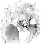  2girls bare_shoulders blazer blush bow breasts choker closed_eyes collared_shirt dress drill_hair drill_sidelocks french_kiss grey_hair greyscale hair_ornament hairband hairclip highres higuchi_kaede higuchi_kaede_(1st_costume) hyakumantenbara_salome hyakumantenbara_salome_(1st_costume) jacket juliet_sleeves kiss large_breasts long_hair long_sleeves monochrome multiple_girls necktie nijisanji parted_bangs ponytail puffy_sleeves saliva school_uniform shirt sidelocks simple_background sound_effects suzuo_(zuo) sweat tongue tongue_out vest virtual_youtuber white_background winter_uniform x_hair_ornament yuri 