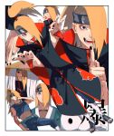  1boy akatsuki_uniform anger_vein black_nails blank_eyes blonde_hair blue_eyes border crossed_arms deidara_(naruto) extra_mouth fishnet_top fishnets hair_over_one_eye hand_mouth headband highres jewelry kuji-in male_focus medium_hair mirin_(coene65) multiple_views nail_polish naruto naruto_(series) open_mouth ponytail ring stitches teeth toeless_footwear toenail_polish toenails tongue tongue_out translation_request white_border 