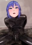  1boy absurdres black_bodysuit blue_eyes blue_hair blush bodysuit bulge covered_penis erection erection_under_clothes gloves highres kilye_kairi latex latex_bodysuit latex_legwear looking_at_viewer male_focus original otoko_no_ko short_hair skin_tight solo sweat wet wet_clothes 