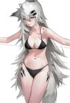  1girl absurdres ahoge animal_ear_fluff animal_ears arknights bikini black_bikini breasts cleavage collarbone grey_eyes grey_hair hair_between_eyes hair_ornament hairclip highres lappland_(arknights) long_hair looking_at_viewer medium_breasts oripathy_lesion_(arknights) outstretched_arms rui_(woyoudabing_rui) scar scar_across_eye scar_on_face simple_background smile solo spaghetti_strap spread_arms swimsuit tail very_long_hair white_background wolf_ears wolf_girl wolf_tail 